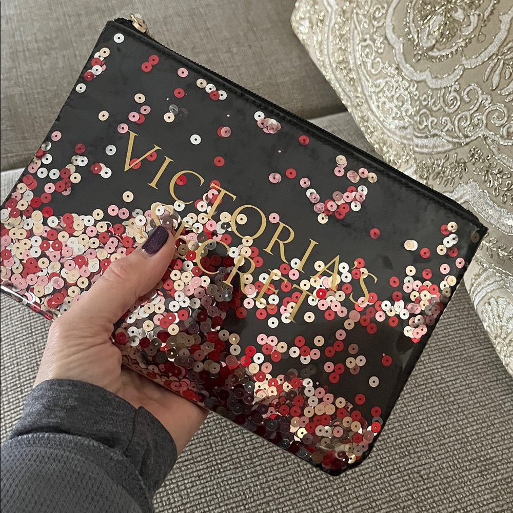 Victoria's Secret Black Travel/Makeup Pouch with Red and Pink Sequins